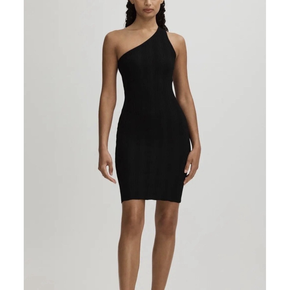 Good American Plisse Black Ribbed One Shoulder Mini Dress Bodycon Knit Medium